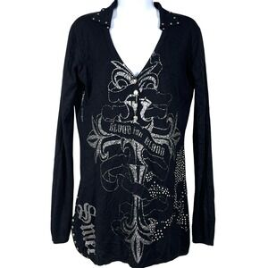 Vtg Y2K SMET Christian Audigier Sweater Womens M Grunge Rock Streetwear Skull